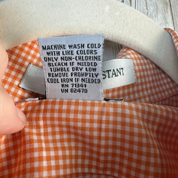LL Bean Button Up Shirt Mens L Orange Gingham Wrinkle Resistant Short Sleeve - Picture 6 of 6
